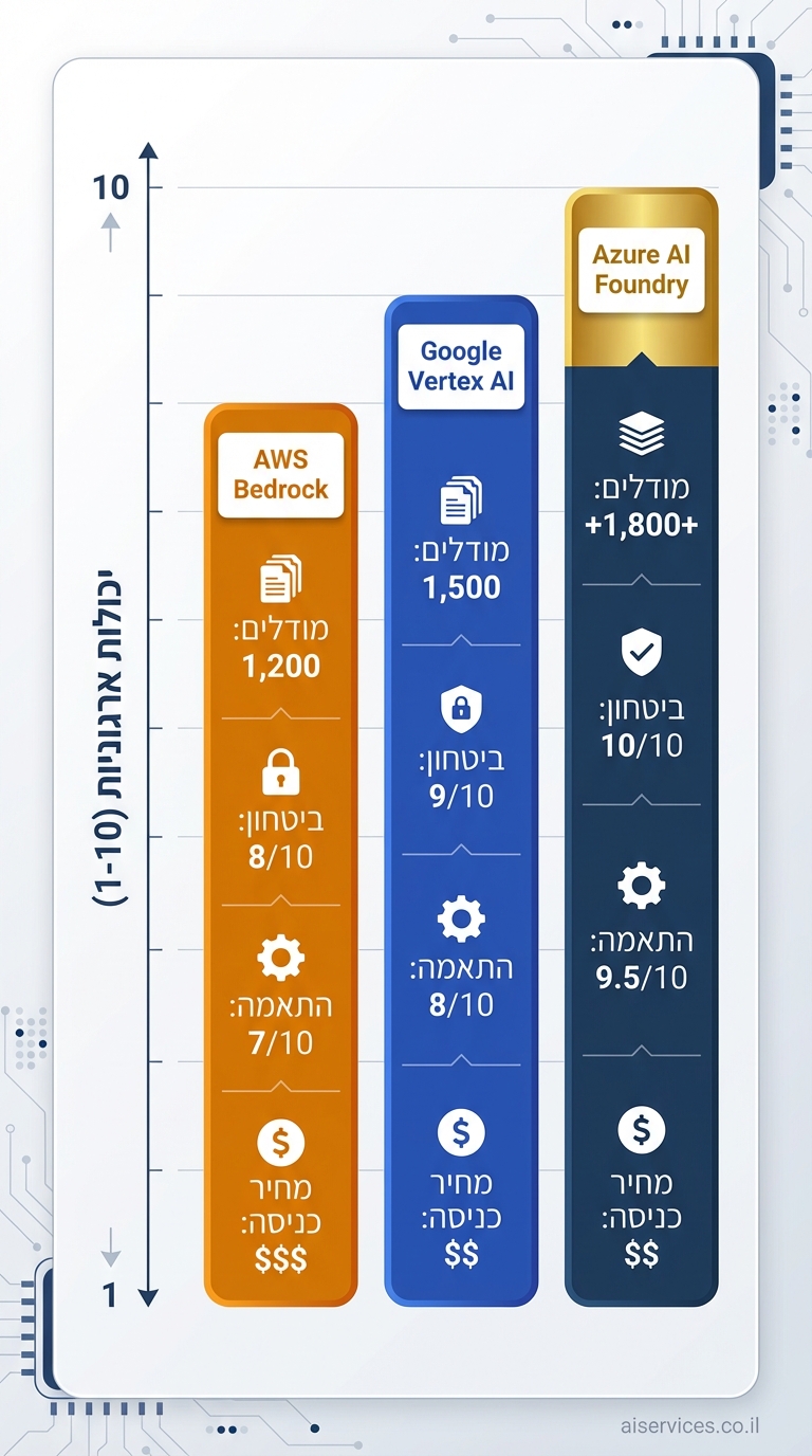 Vertical 9:16 comparison bar chart for enterprise AI platforms. Three tall bars side-by-side: left 'AWS Bedrock' (orange), middle 'Google Vertex AI' (blue), right 'Azure AI Foundry' (dark blue with gold top). Y-axis: 'יכולות ארגוניות (1-10)'. Hebrew labels on bars: 'מודלים: 1,200 / 1,500 / 1,800+', 'ביטחון: 8/10 / 9/10 / 10/10', 'התאמה: 7/10 / 8/10 / 9.5/10', 'מחיר כניסה: $$$ / $$ / $$. Icons for security lock, customization gear. Corporate style dark blues, grays, gold accents. Small credit: aiservices.co.il bottom-right