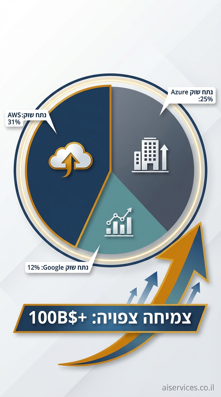 Vertical 9:16 market share pie chart infographic in corporate style. Central pie chart divided into three slices: largest AWS 31% in dark blue with gold outline, Azure 25% in gray, Google Cloud 12% in teal. Labels in Hebrew: "נתח שוק AWS: 31%", "נתח שוק Azure: 25%", "נתח שוק Google: 12%". Surrounding icons: cloud for AWS, enterprise building for Azure, data graph for Google. Bottom section with growth arrow upward labeled "צמיחה צפויה: 100B$+". Color palette: dark blues, grays, accent gold. Small credit text: aiservices.co.il in bottom-right corner. Clean professional design with subtle shadows.