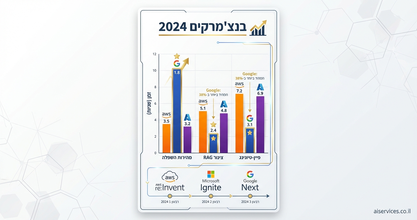 Vertical 9:16 bar chart comparison for AI benchmarks, tall narrow format. Three vertical bars per category: Speed (מהירות השפלה), RAG Pipeline (צינור RAG), Fine-tuning (פיין-טיונינג). Bars colored: AWS orange bar, Google blue tallest in most, Azure purple. Hebrew axis labels: Y-axis "זמן (שניות)", X-axis categories. Gold accents on winners. Top header: "בנצ'מרקים 2024". Bottom timeline icons showing re:Invent, Ignite, Next events. Color palette: dark blues, grays, accent gold. Small credit text: aiservices.co.il bottom-right. Professional infographic style.