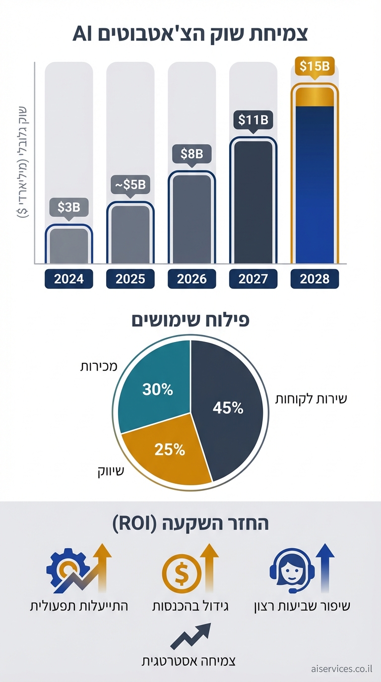 Vertical 9:16 infographic showing market growth chart for AI chatbots. Top section: tall bar graph with years 2024-2028 on x-axis (dark blue labels: "2024", "2025", "2026", "2027", "2028"), y-axis "שוק גלובלי (מיליארדי $)" in gray. Bars rising: 2024: $3B (gray), 2028: $15B (gold accent). Middle: pie chart breakdown Hebrew labels: "שירות לקוחות 45%" (blue), "מכירות 30%" (teal), "שיווק 25%" (gold). Bottom: icons for ROI icons with arrows up. Color palette: dark blues, grays, accent gold. Clean corporate style. Small credit text: aiservices.co.il in bottom-right corner