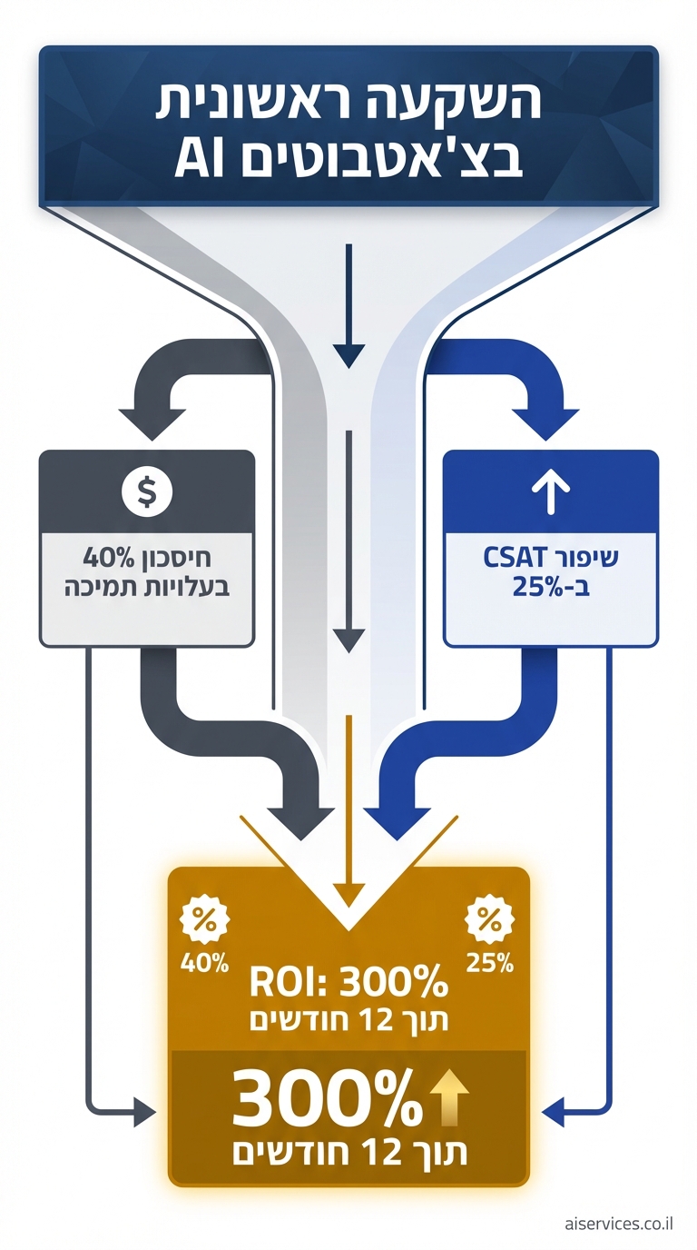Vertical 9:16 ROI funnel diagram. Top wide funnel section: "השקעה ראשונית בצ'אטבוטים AI" in large dark blue text. Narrowing middle sections: left arrow "חיסכון 40% בעלויות תמיכה" (gray box with $ icon), right "שיפור CSAT ב-25%" (blue), bottom narrow gold section: "ROI: 300% תוך 12 חודשים" with percentage stats on sides (40%, 25%, 300%). Flow arrows downward. Hebrew labels. Dark blues, grays, gold palette. Professional infographic. Credit: aiservices.co.il bottom-right