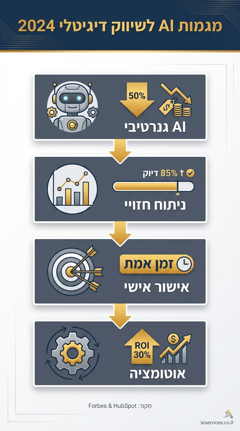 Vertical 9:16 infographic in corporate style with dark blues, grays, and accent gold. Top header: "מגמות AI לשיווק דיגיטלי 2024" in bold gold on dark blue background. Below, four stacked icons in gray boxes: 1. Robot icon for "AI גנרטיבי" with 50% savings stat arrow; 2. Graph icon for "ניתוח חזויי" with 85% accuracy bar; 3. Target icon for "אישור אישי" with real-time label; 4. Gear icon for "אוטומציה" with ROI 30% upward arrow. Flow arrows downward connecting them. Bottom: "מקור: Forbes & HubSpot" in small gray text. Small credit text: aiservices.co.il in bottom-right corner. Clean professional design with subtle shadows.