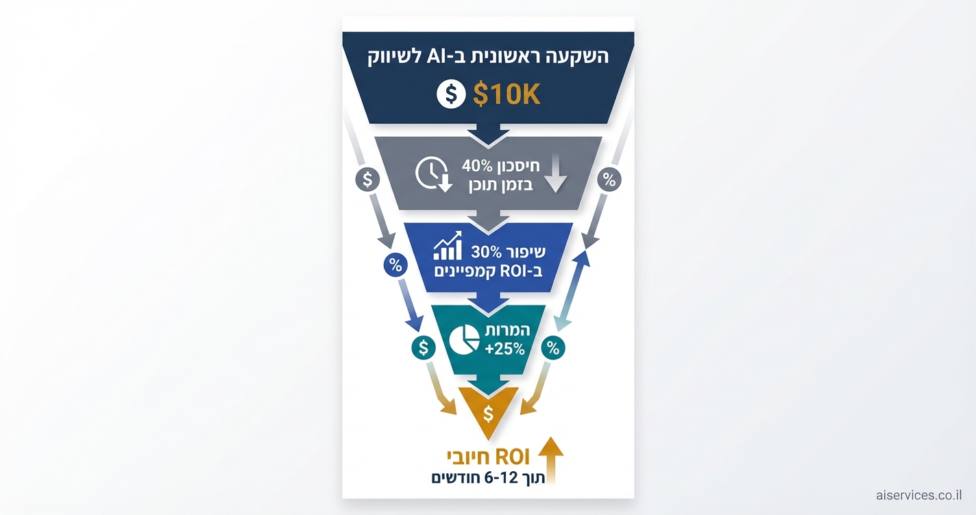 Vertical 9:16 ROI calculation funnel diagram, tall narrow format. Top wide dark blue section: "השקעה ראשונית ב-AI לשיווק" with $10K label. Narrowing gray funnel sections: left "חיסכון 40% בזמן תוכן" with downward arrow; middle blue "שיפור 30% ב-ROI קמפיינים" bar graph icon; right teal "המרות +25%" pie chart. Bottom gold narrow point: "ROI חיובי תוך 6-12 חודשים" with upward gold arrow. Percentages and dollar icons on sides. Hebrew labels throughout. Corporate dark blue/gray/gold palette. Small credit text: aiservices.co.il bottom-right corner. Clean infographic style with flow shadows.