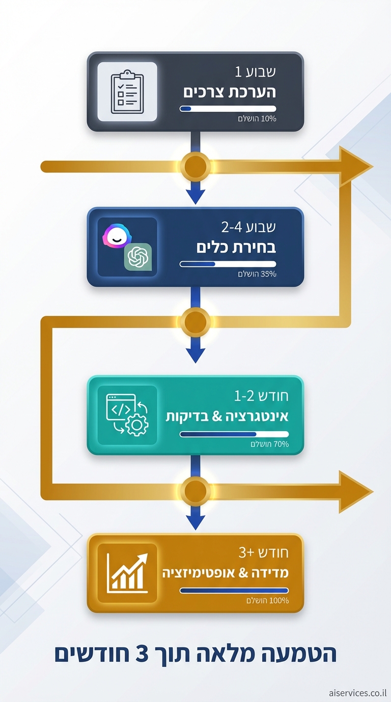 Vertical 9:16 implementation timeline diagram, corporate dark blue/gray/gold. Horizontal timeline arrow from left to right across tall canvas: milestones as gold circles connected by blue arrows. 1. "הערכת צרכים" (week 1, gray box with checklist icon); 2. "בחירת כלים" (week 2-4, blue box with tool icons: Jasper/ChatGPT); 3. "אינטגרציה & בדיקות" (month 1-2, teal box with code/gears); 4. "מדידה & אופטימיזציה" (month 3+, gold box with graph upward). Hebrew labels, percentages progress bars under each. Bottom summary: "הטמעה מלאה תוך 3 חודשים". Small credit: aiservices.co.il bottom-right. Professional infographic.