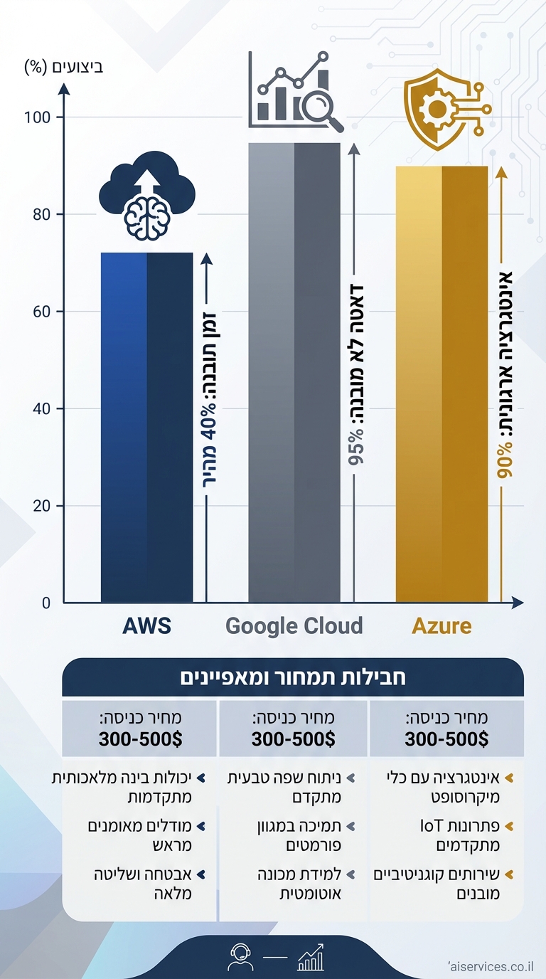 Vertical 9:16 comparison bar chart for AI analytics platforms. Three tall bars side-by-side: left dark blue "AWS" with Hebrew labels "זמן תובנה: 40% מהיר", middle gray "Google Cloud" "דאטה לא מובנה: 95%", right gold "Azure" "אינטגרציה ארגונית: 90%". Y-axis: "ביצועים (%)" from 0-100. Icons atop bars (cloud, graph, shield). Bottom rows: pricing tiers in Hebrew "כניסה: 300-500$", features bullets. Dark blues/grays/gold palette. Clean professional infographic. Small credit text: aiservices.co.il bottom-right.